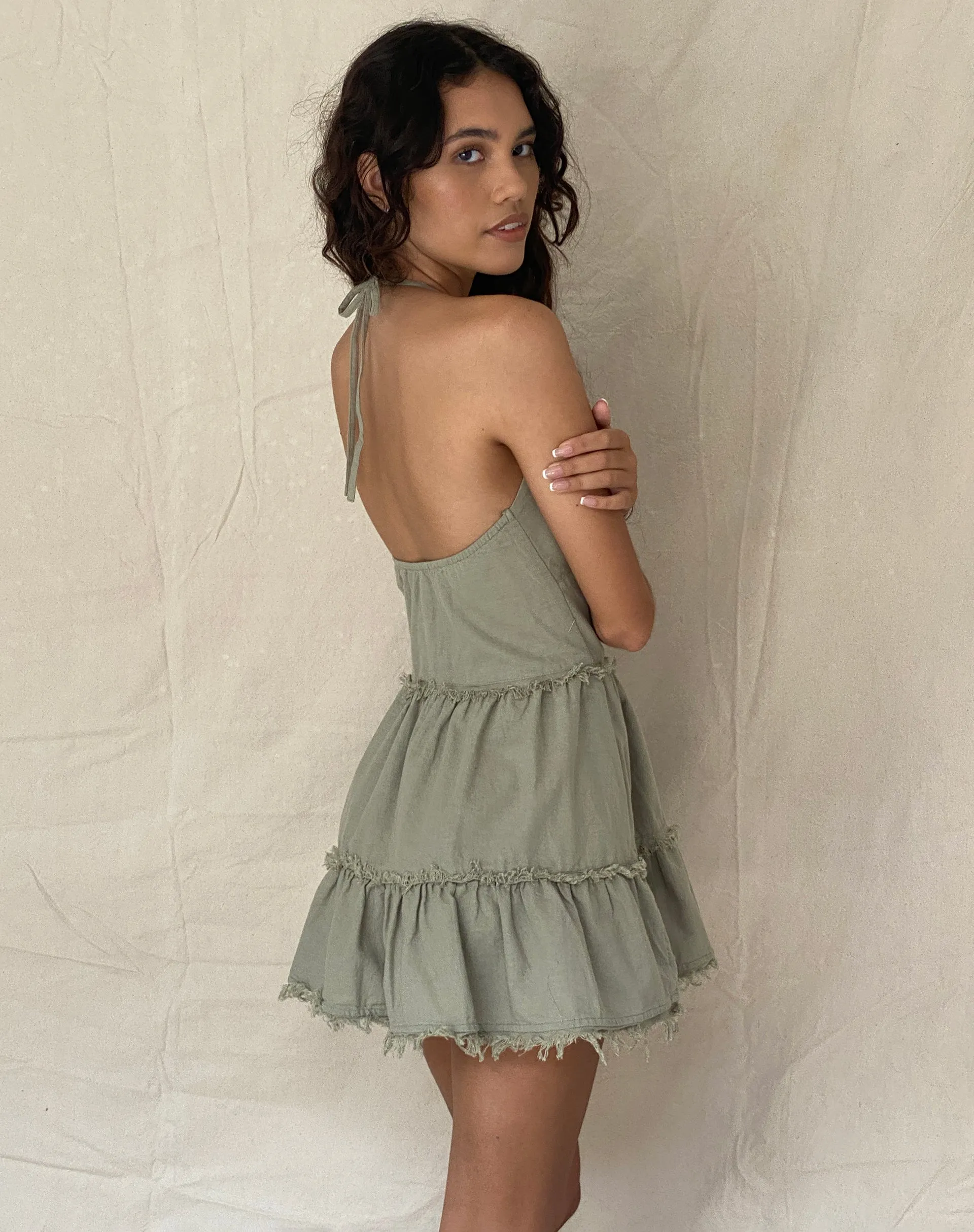 Siskae Tiered Halter Mini Dress in Slate Green Linen