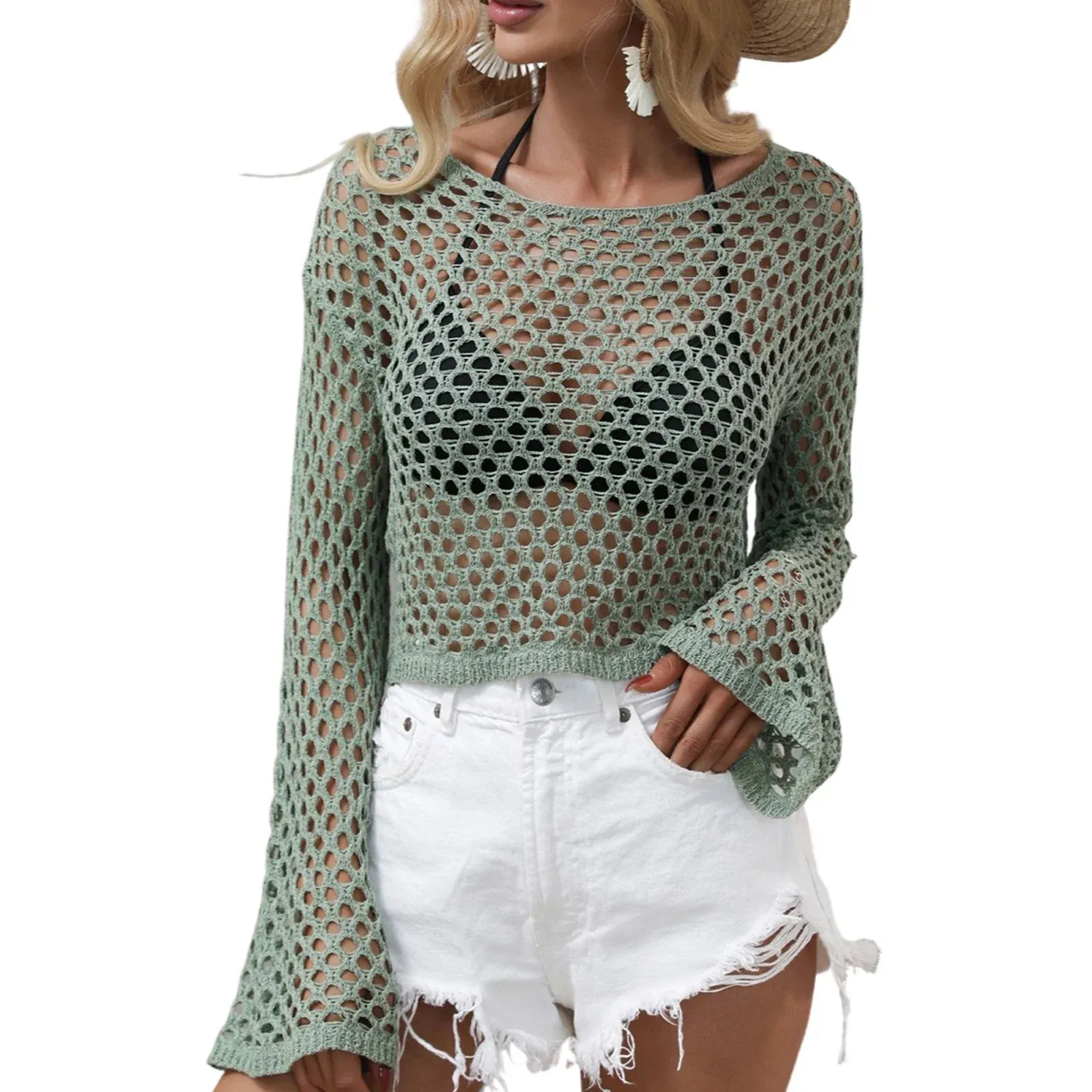 Streetwear Hollow Out Knit Crop Tops Smock Fishnet Loose Crop Top