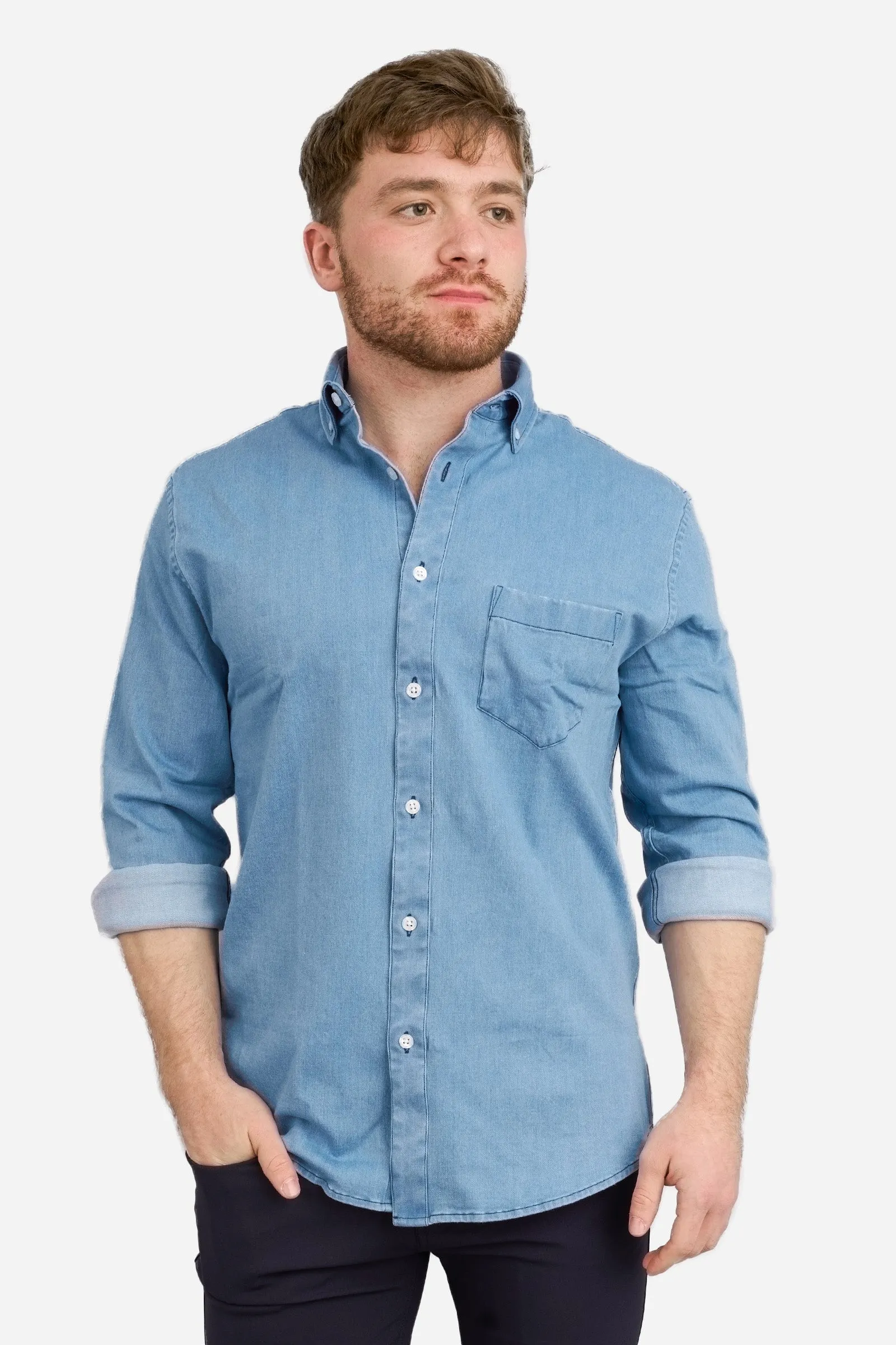 Stretch Denim Button Down Shirt Light Wash