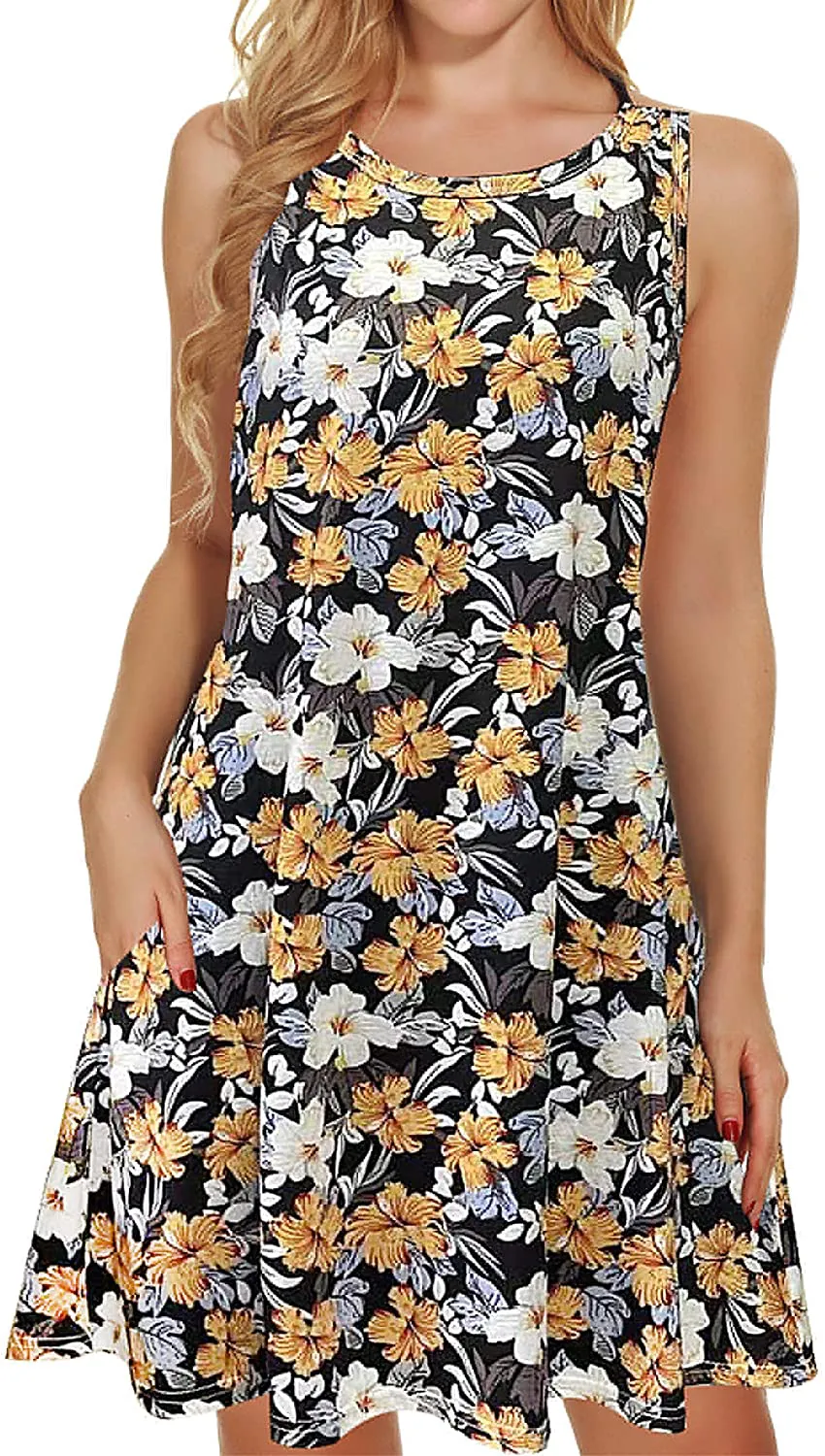 Summer Dresses for Women Beach Floral Tshirt Sundress Sleeveless Pockets Casual Loose Tank Dress