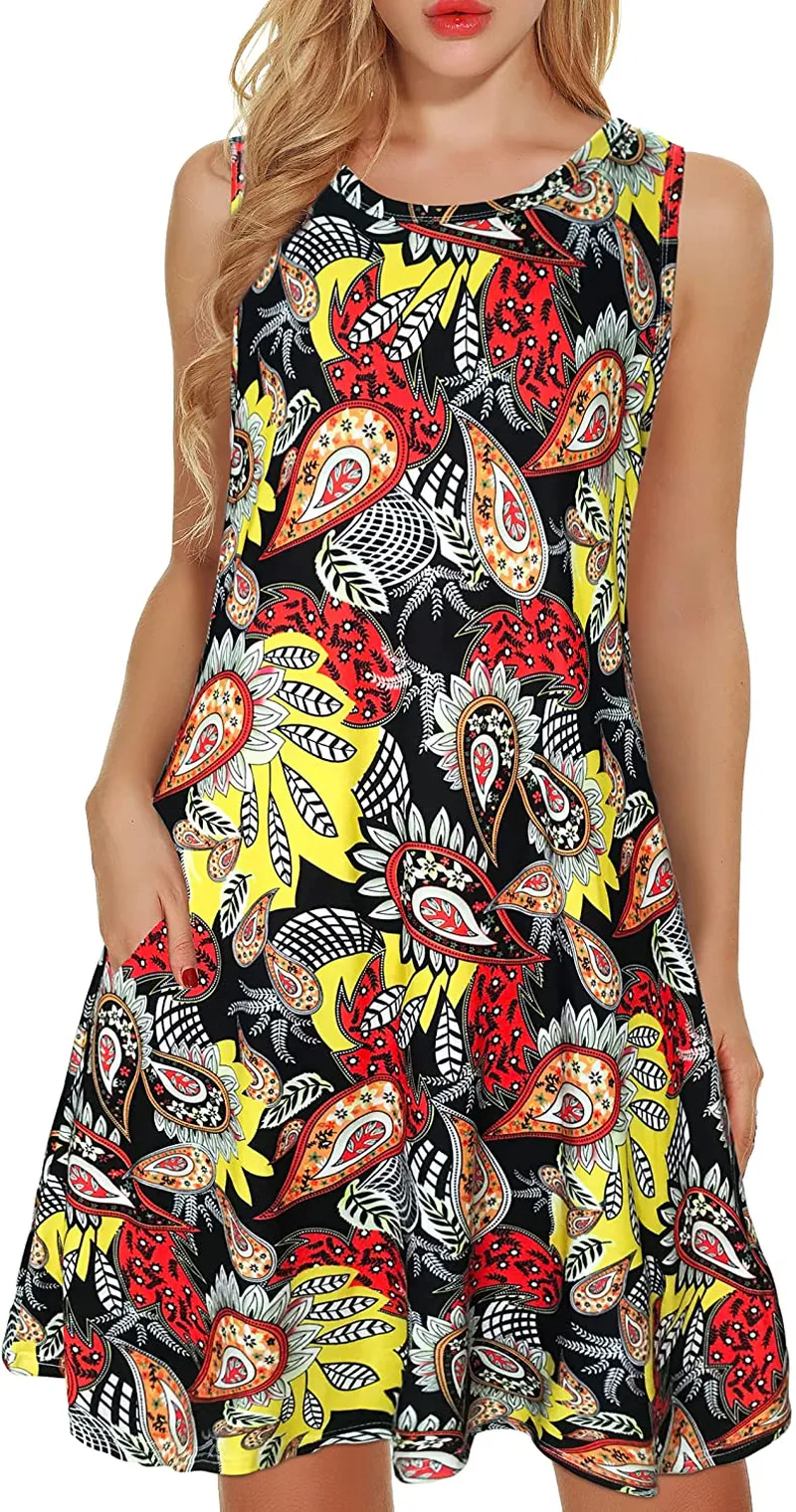 Summer Dresses for Women Beach Floral Tshirt Sundress Sleeveless Pockets Casual Loose Tank Dress