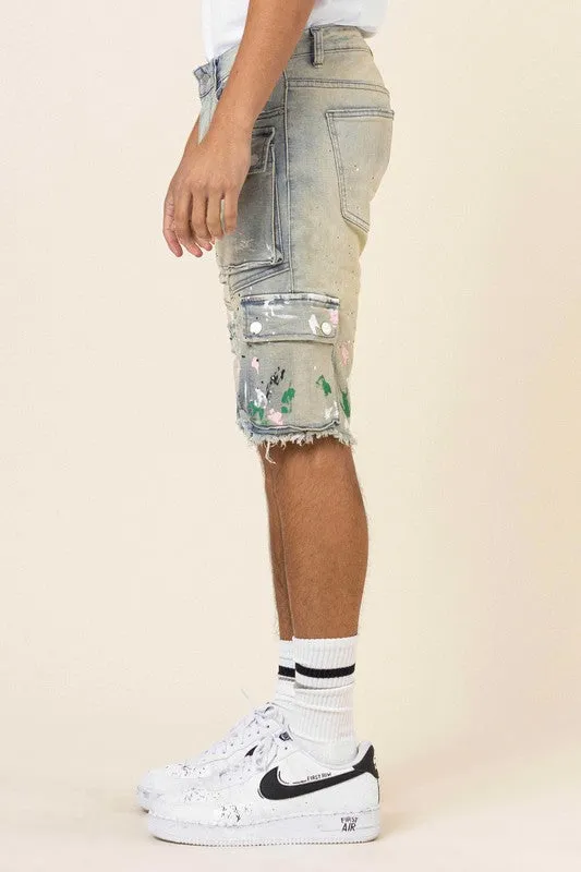 TEEK - Light Sand Tint Hand Painted Cargo Denim Shorts