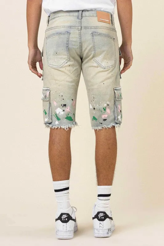 TEEK - Light Sand Tint Hand Painted Cargo Denim Shorts