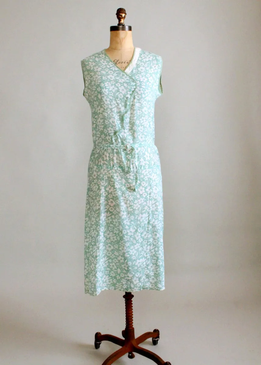 Vintage 1920s Green Floral Summer Cotton Dress