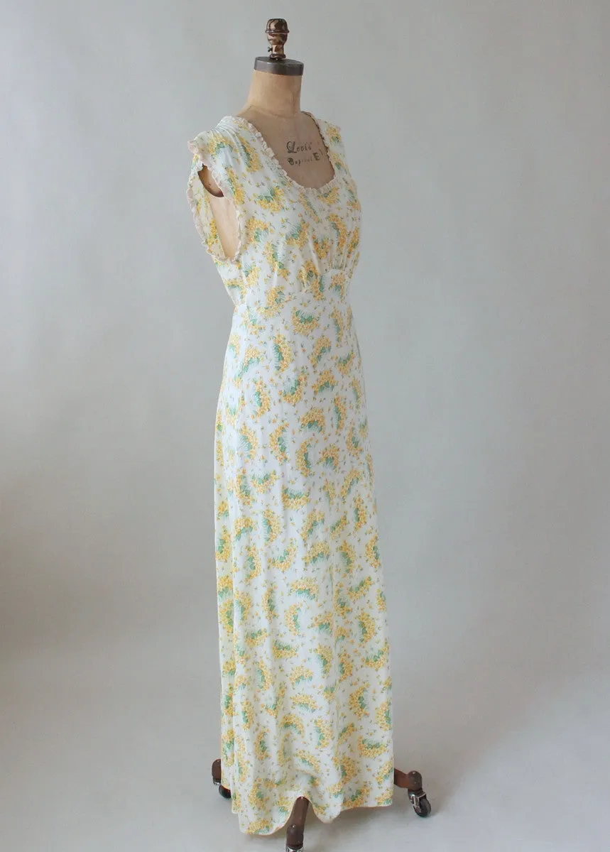 Vintage 1940s Spring Yellow and Green Floral Gown