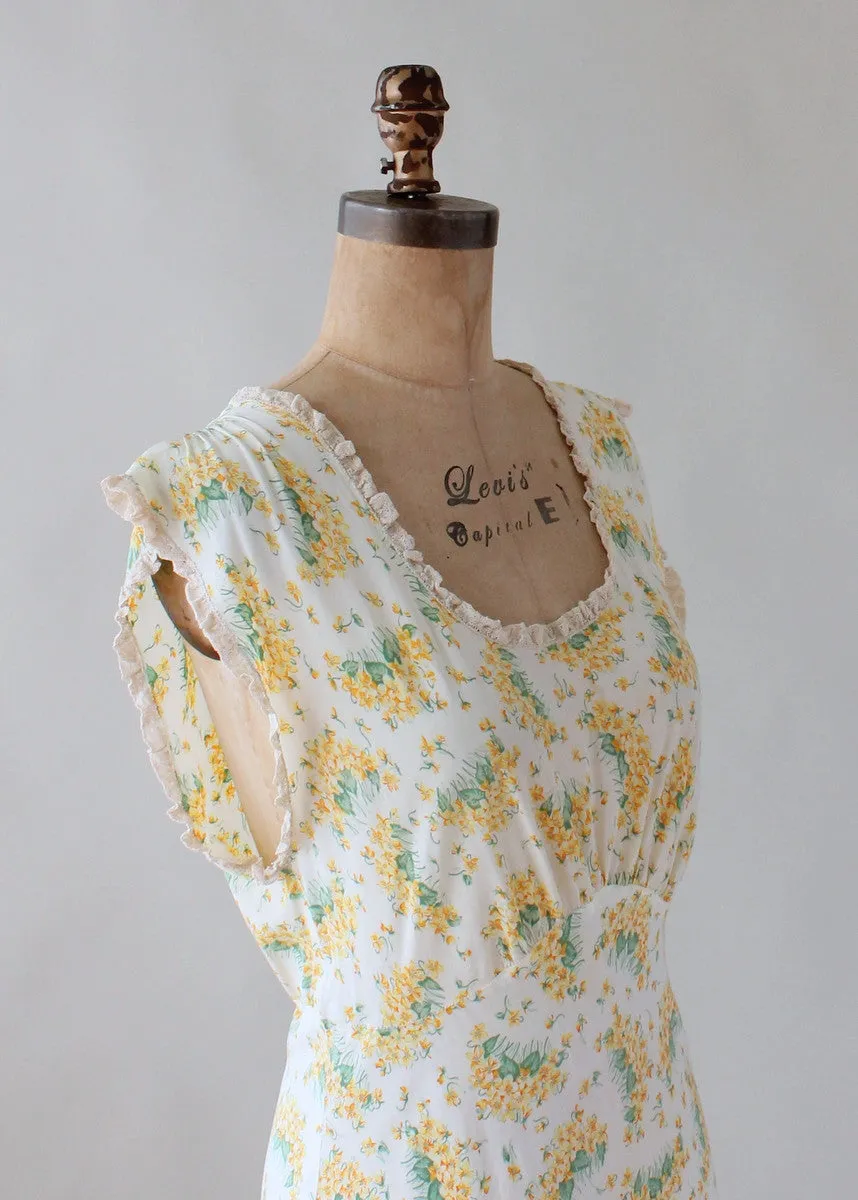 Vintage 1940s Spring Yellow and Green Floral Gown