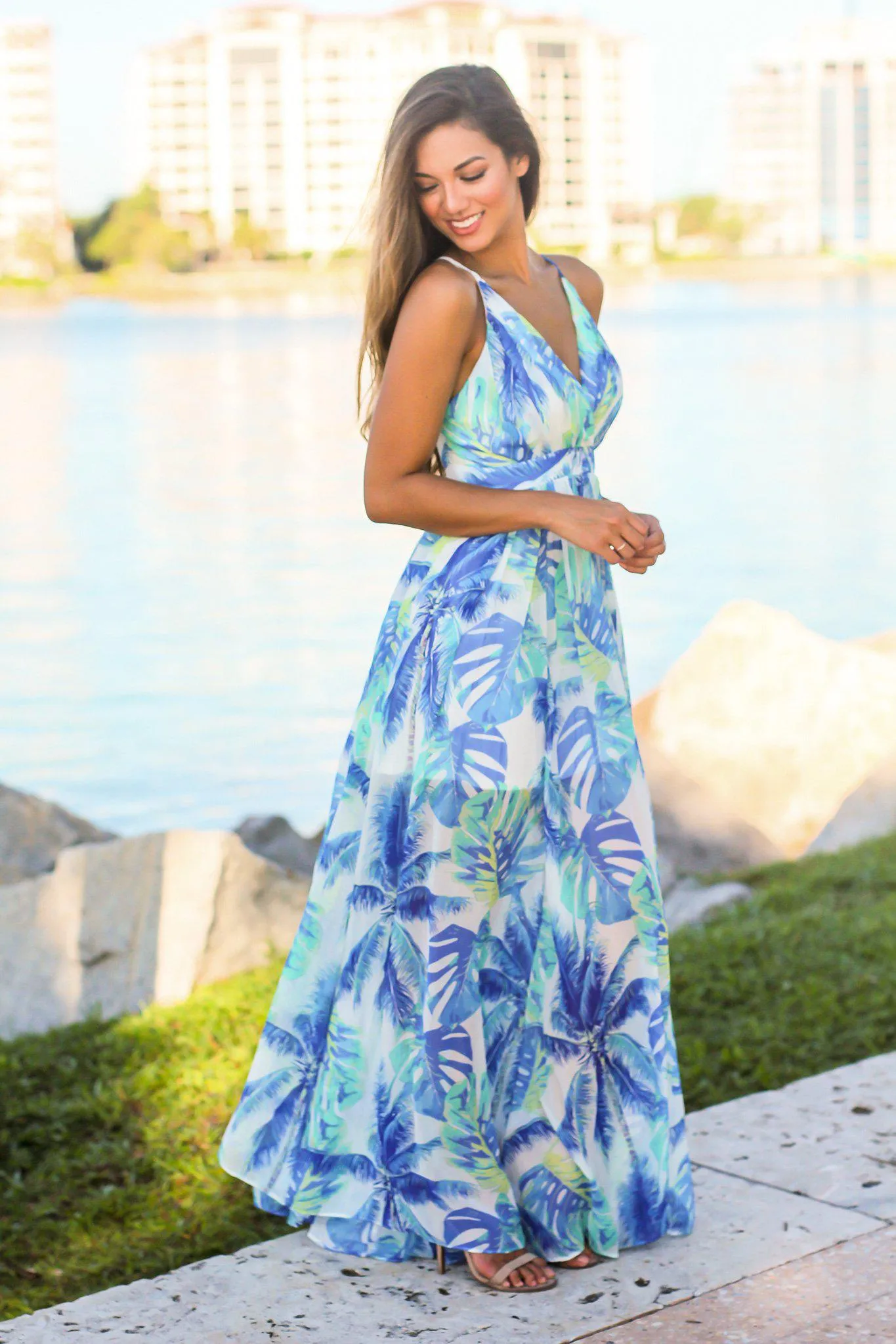 White Tropical Print Maxi Dress