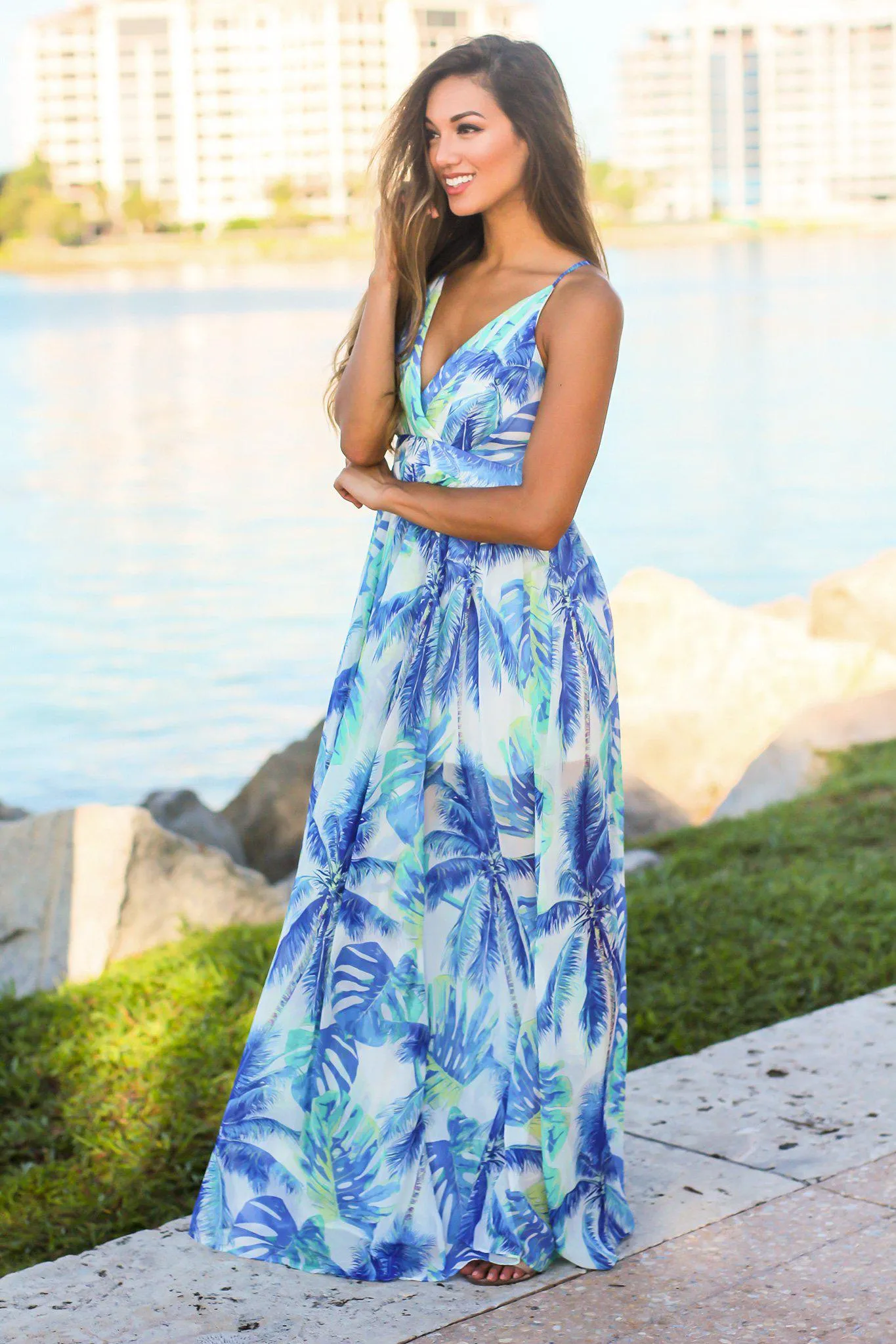 White Tropical Print Maxi Dress