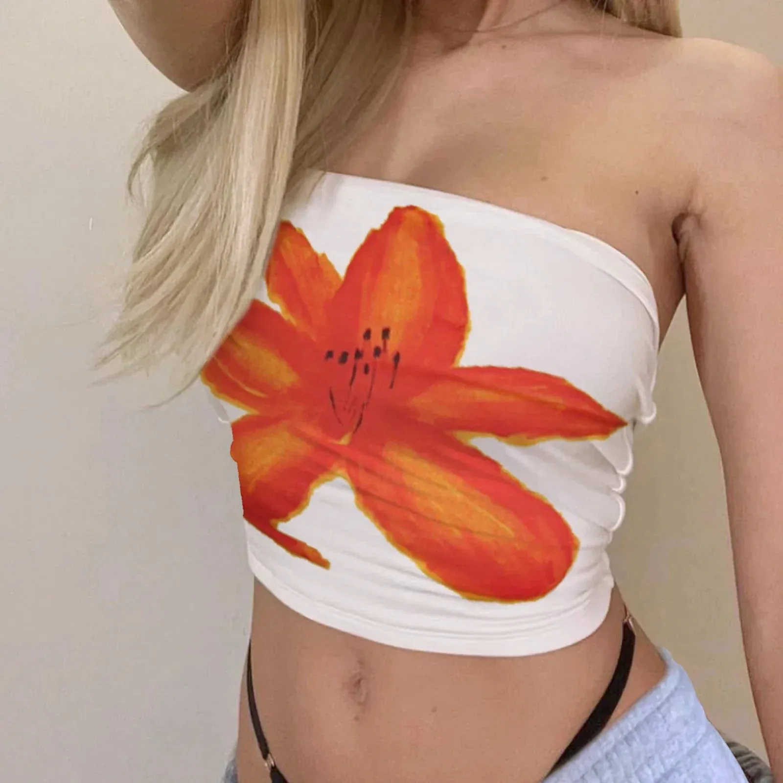 Women Tube Flower Print Boat Neck Strapless Backless Bandeau Camis Streetwear Tank Y2k Top