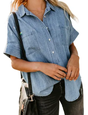 Women's Casual Denim Shirt Button Down V Neck Short Sleeve Blouse Top