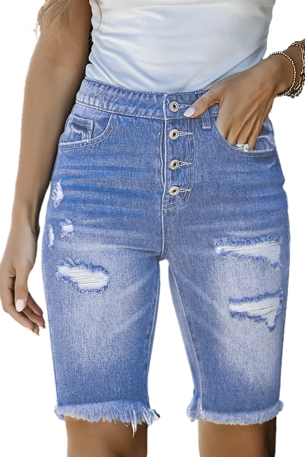 Women's High Waisted Bermuda Shorts Button Fly Ripped Distressed Denim Shorts