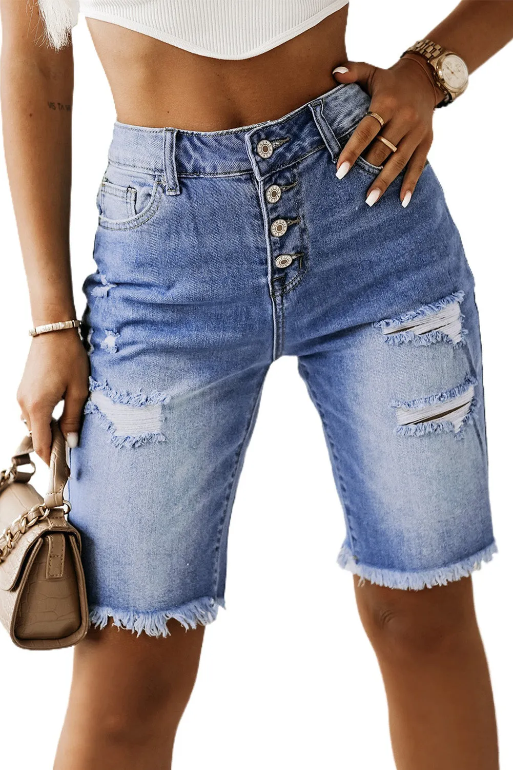 Women's High Waisted Bermuda Shorts Button Fly Ripped Distressed Denim Shorts