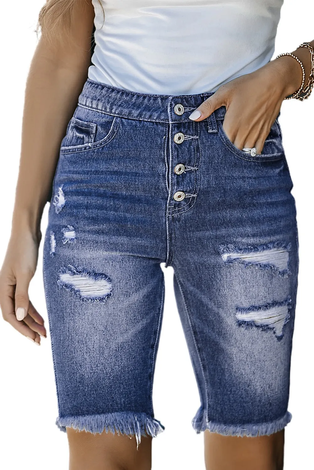 Women's High Waisted Bermuda Shorts Button Fly Ripped Distressed Denim Shorts