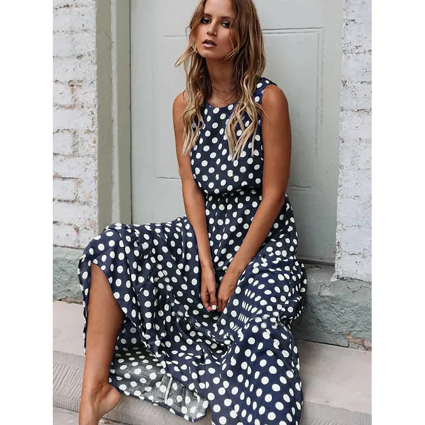 Women's Sleeveless Polka Dot Long Dress