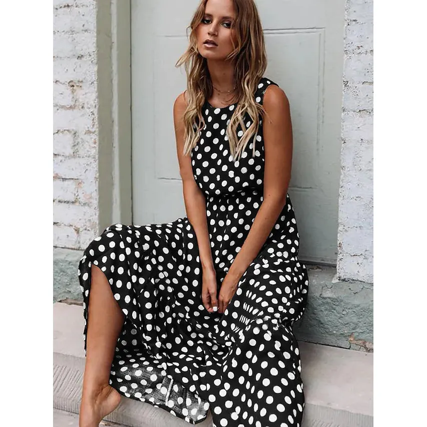 Women's Sleeveless Polka Dot Long Dress