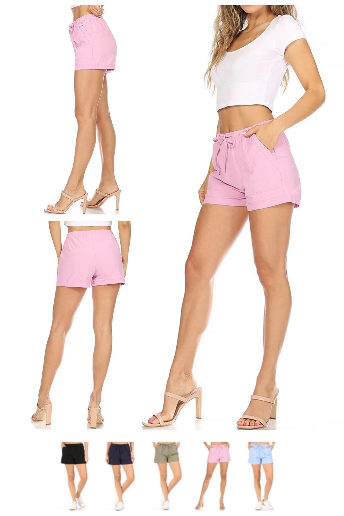 Women's Solid Casual Drawstring Elastic Waist Cotton Side Pocketed Shorts