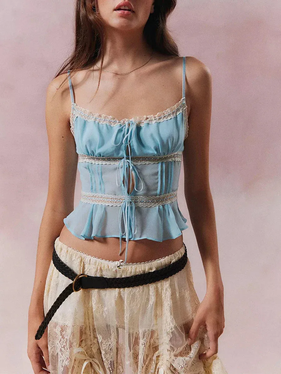 Y2K Tie Strap Sleeveless Square Neck Frill Flowy Crop Alyweatry Top