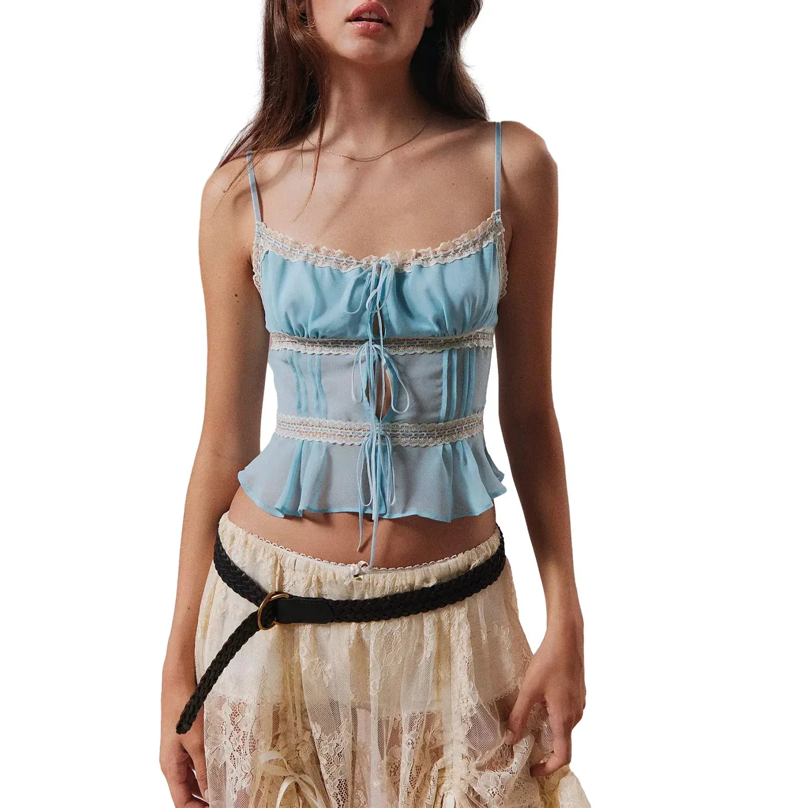 Y2K Tie Strap Sleeveless Square Neck Frill Flowy Crop Alyweatry Top