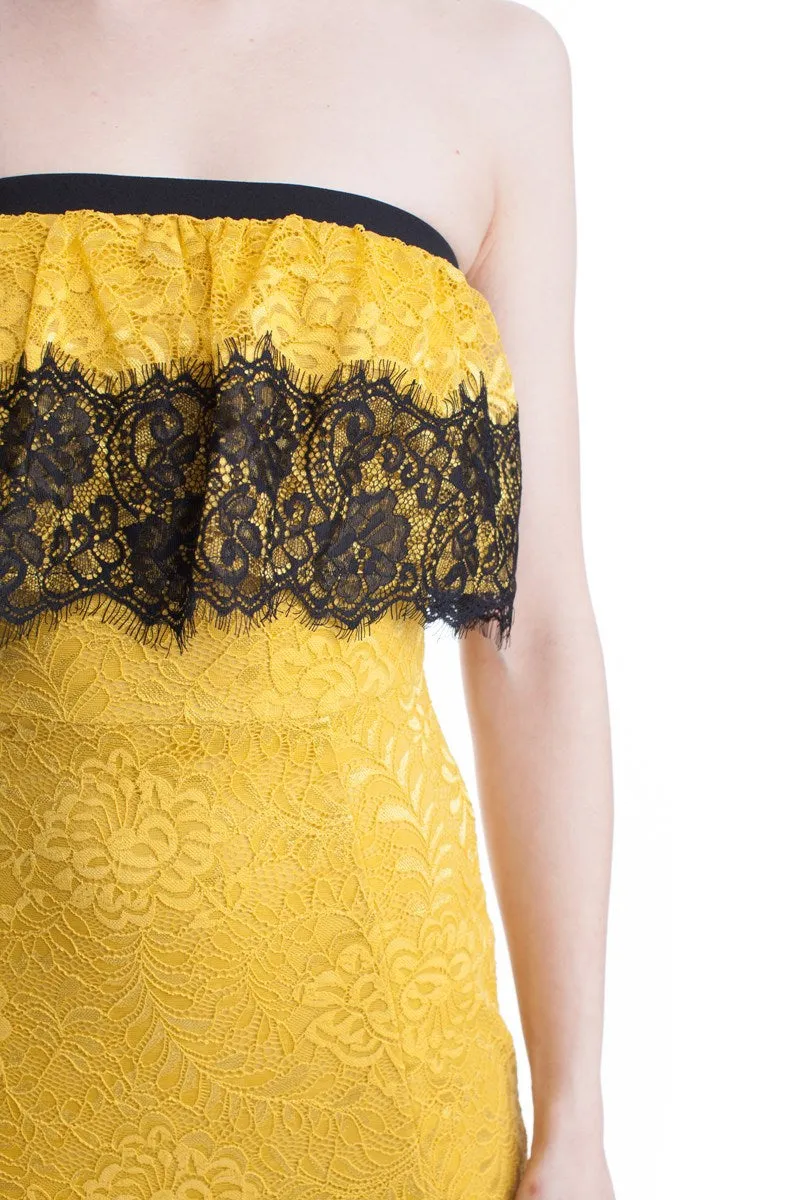 Yellow Lace Tube Top See-Thru Legs Maxi Dress