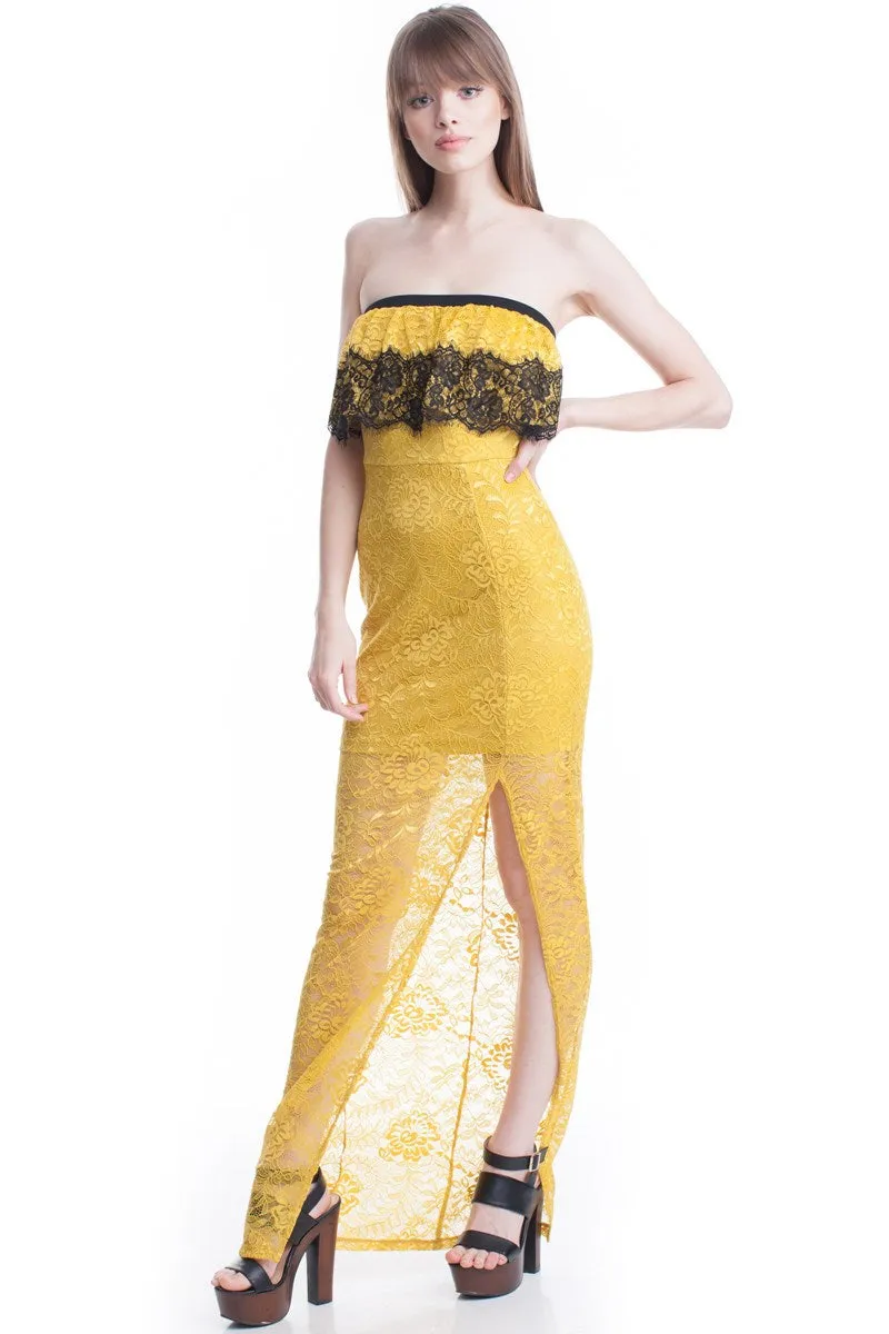 Yellow Lace Tube Top See-Thru Legs Maxi Dress